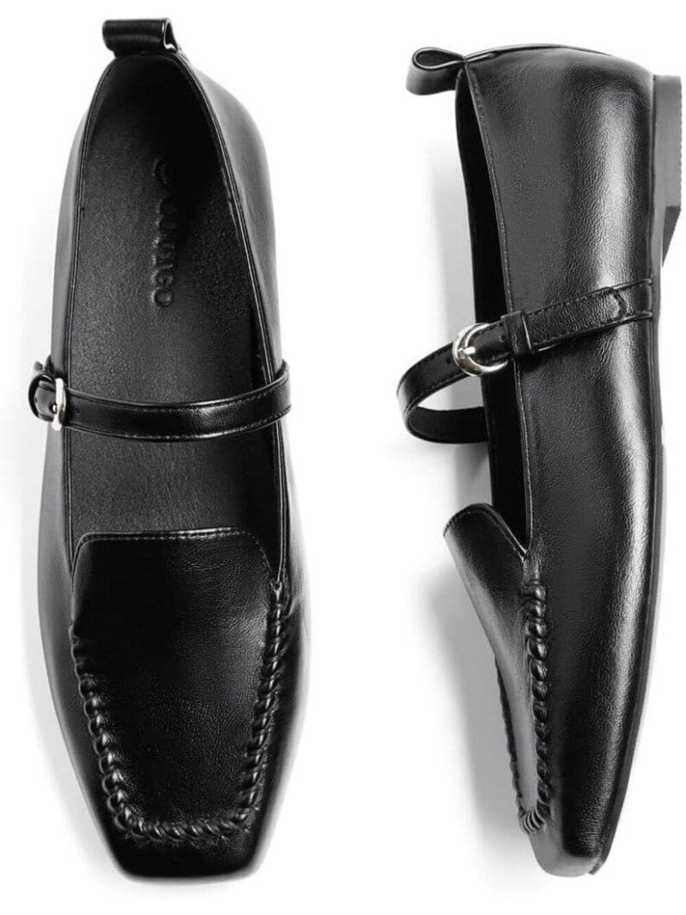 Women's Black Faux Leather Square Toe Comfortable Ballet Flats Shoes For Work